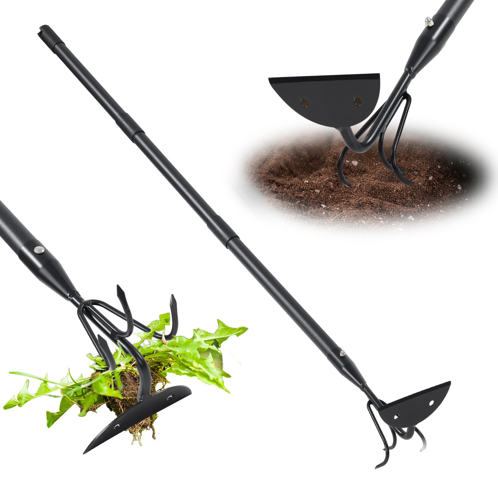 Harrms 2-in-1 Garden Hoe & Weeding Tool, 114cm Long Handle Garden Tool for Stand-Up Weeding, Cultivating, Loosening Soil, Heavy Duty Sharp Blade and Curved Tines for Vegetable Garden, Flower Beds