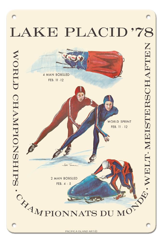 Lake Placid - 1978 World Championships - World Sprint & Bobsledding - Vintage Travel Poster by Arti Torrance c.1978-8 x 12 inch Vintage Metal Tin Sign