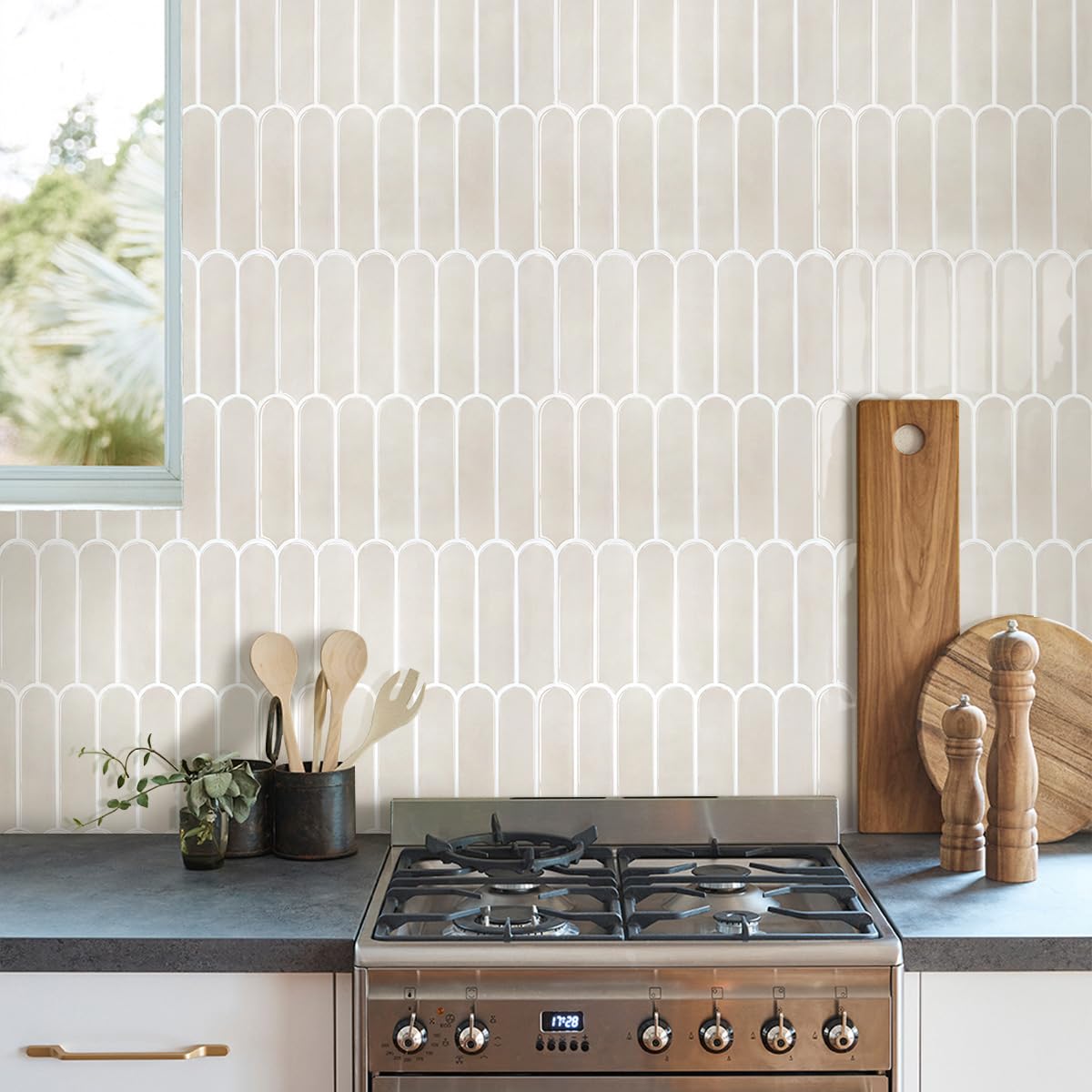 Commomy Gruesas Azulejos Adhesivos Cocina, 10 Piezas, Crema Vinilo Pared Cocina Baldosas Adhesivas 3D para Pared Baño Metro, Adhesivas Fuertes, Impermeables, 30,5 x 30,5 cm