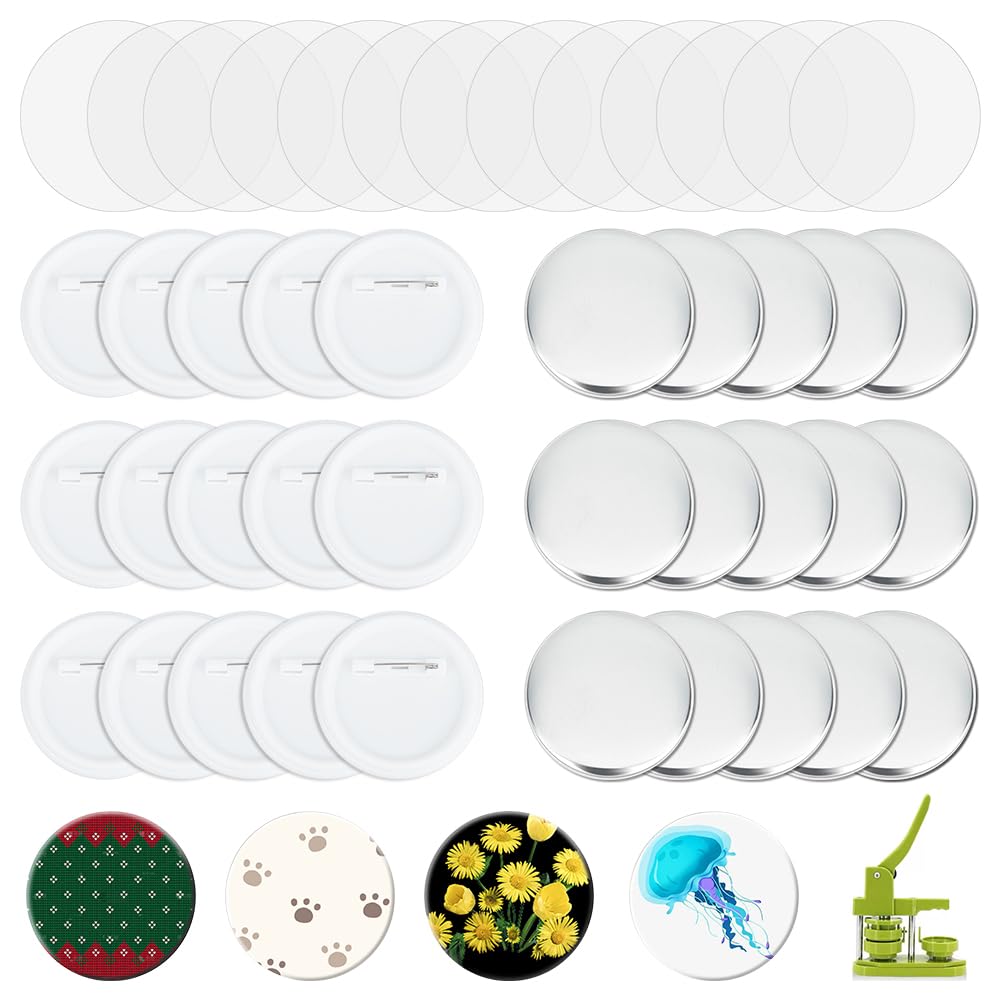 AHANDMAKER 100 Set Knopfmacherzubehör, 2.28 Zoll/ 58 mm Pin-Back-Button-Teile Für Button-Maker-Maschine, Runde Abzeichen-Rohling-Knopfnadeln, Inklusive Metallabdeckung, Kunststoff-Pin-Rückseiten