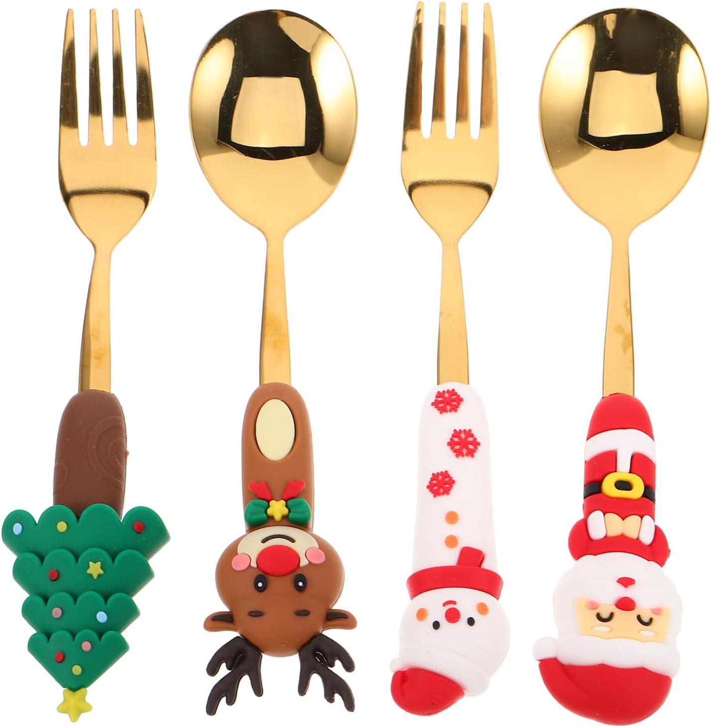 Cabilock Christmas Stainless Steel Dessert Spoons and Forks Set, 4pcs Small Coffee Stirring Spoons with Santa and Tree Design, Xmas Tableware for Holiday Dinner Party