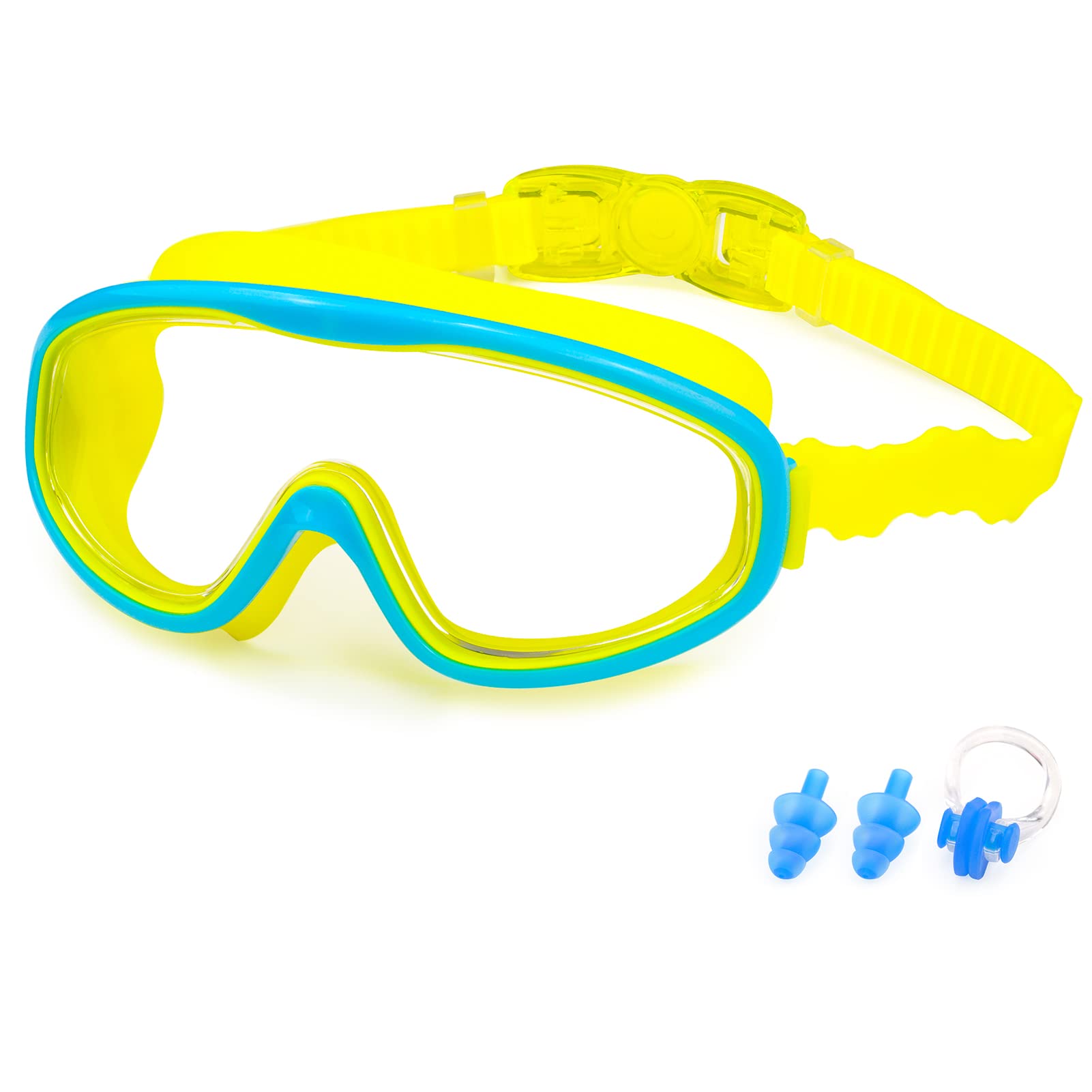 KAILIMENG Okulary pływackie dla dzieci, przejrzysty, szeroki widok, nieprzeciekające, przeciwmgielne, ochrona przed promieniowaniem UV, okulary do pływania z klipsem do nosa, zatyczki do uszu, dla