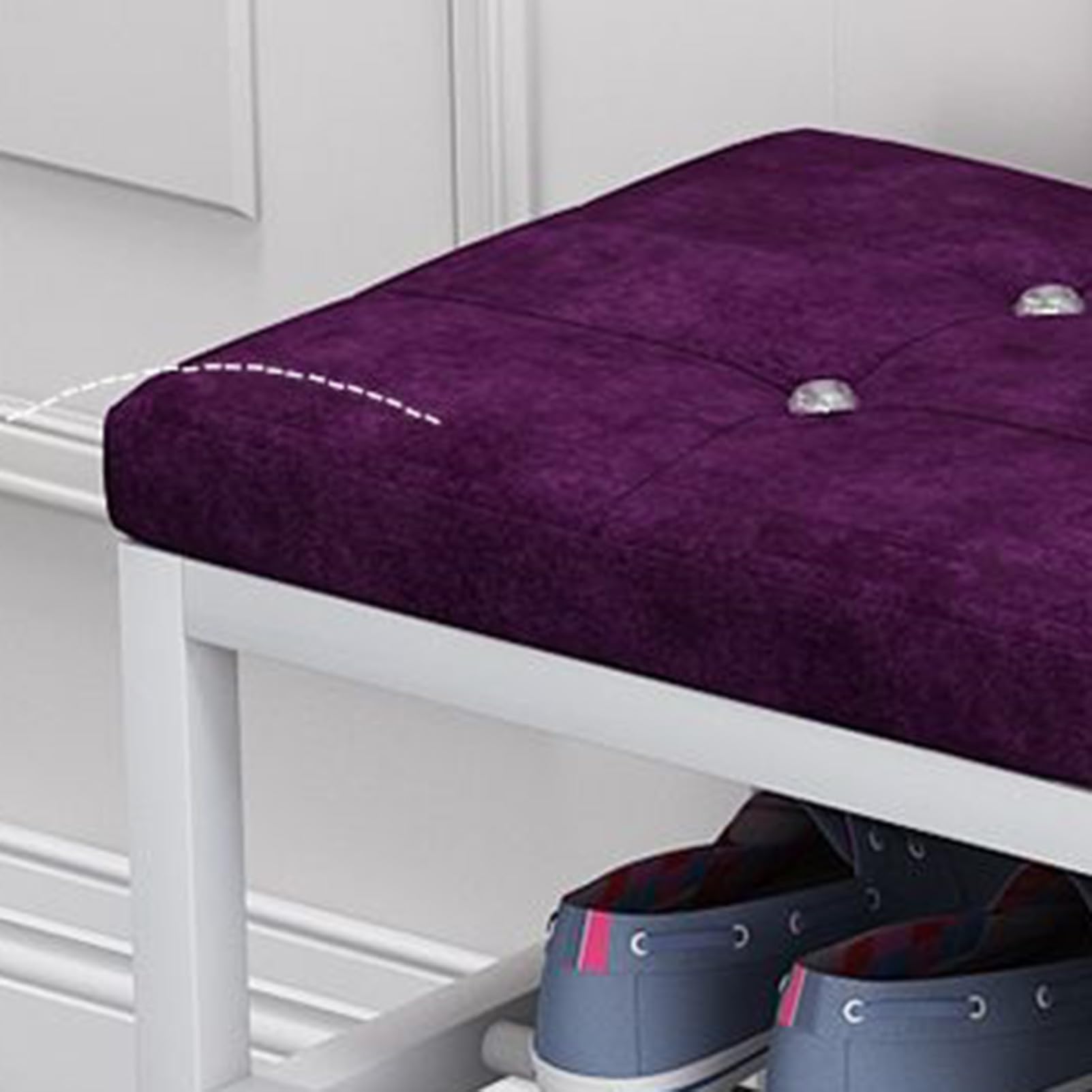 Stylowa tapicerowana ławka na buty 50 x 30 x 45 cm, zapinana na guziki, pufa do salonu, blat z litego drewna, miękkie futro, do organizacji przedpokoju i sypialni