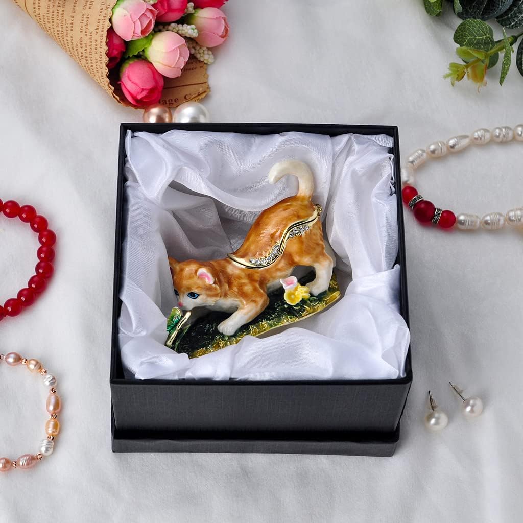Cat Trinket Box with Golden Jewelry Enamel Design, Animal Home Décor & Gift for Cat Lovers