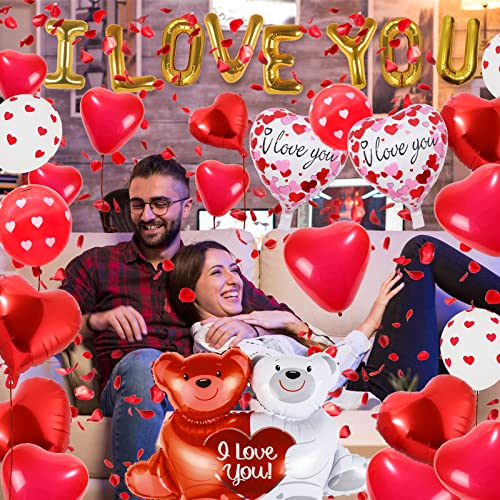 Image of 55 Pack Valentine's Day Balloons with 1000 Pcs Silk Rose Petals - I LOVE YOU Balloons, Heart Balloons, Love-Bear Balloon for Anniversary Valentine Day, Romantic Decorations Special Night for Bedroom