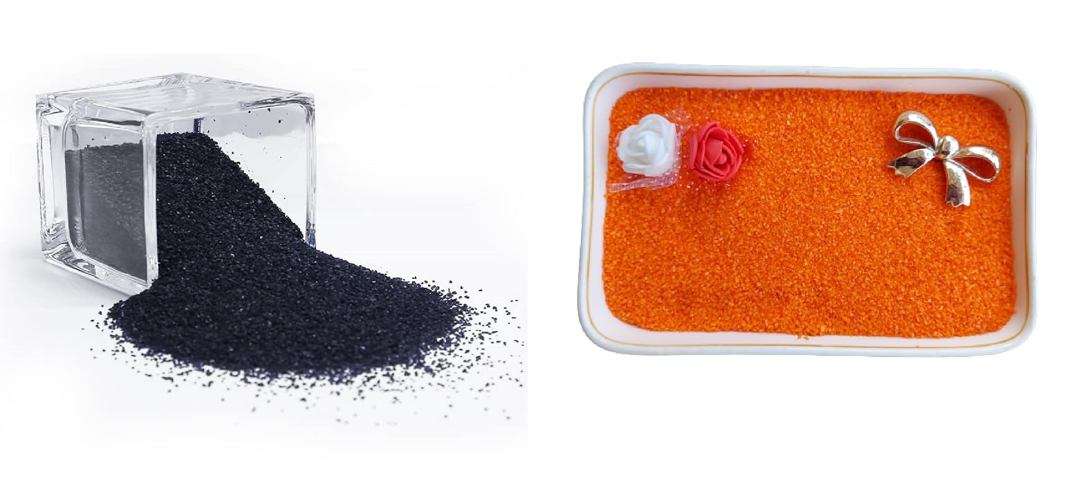Quantum Retail Sugar Size Crystal/Quartz Silica Sand for Home and Garden Decor; Aquarium Substrate; Terrarium, Aquarium Decorative Sand (1 KG Black Sand+ 1 KG Orange Sand)