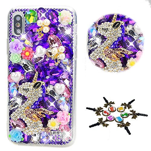 STENES Sparkle Case Compatible with T-Mobile REVVL 7 5G Case - STYLISH - 3D Handmade Bling Unicon Flowers Rhinestone Crystal Diamond Design Girls Women Cover - Purple
