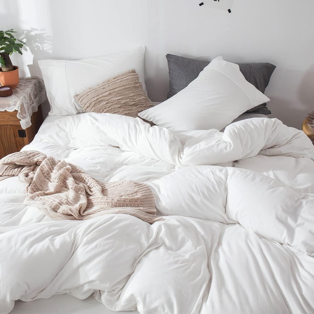 FOSSA Jersey Knit Duvet Cover Set Twin, Super Soft Comfortable T-Shirt Cotton, 1 Duvet Cover and 1 Pillowcases, Off White