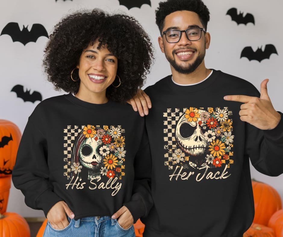Her Jack & His Sally Couple Sweatshirts – Matching His & Hers Pullover with Vintage Floral Design, Romantic Halloween Outfits for Couples Black2