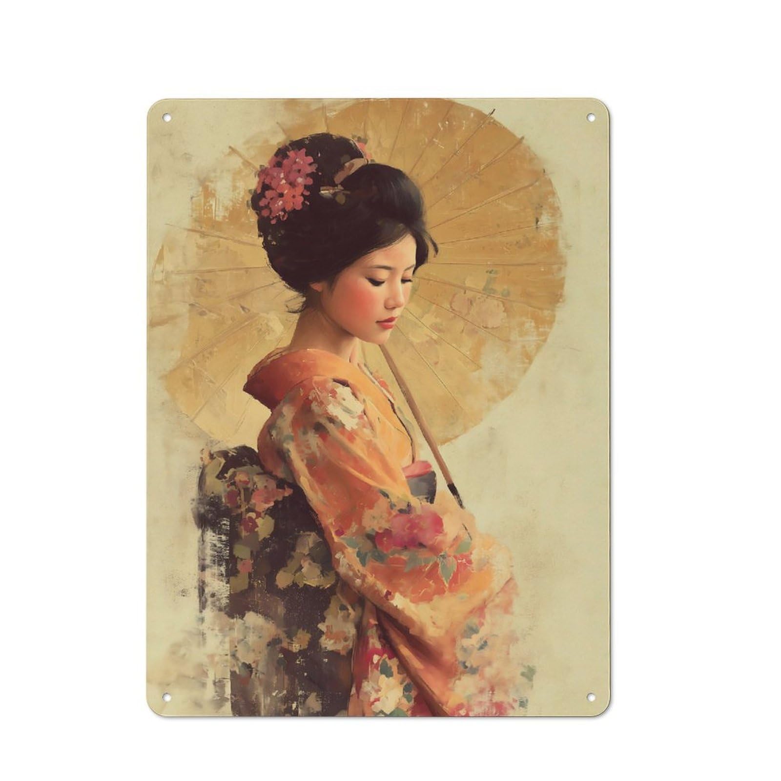 Junmoney Geisha With Umbrella Painting Retro-Style Metal Plaque 40X30cm For Garage Or Workshop, For Garage, Workshop And Man Cave Decoration