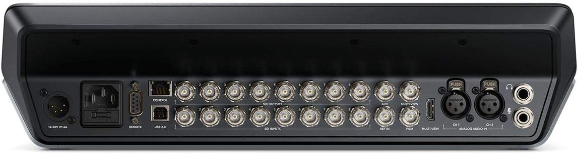 Заден дел view of the Blackmagic Design ATEM Television Studio Pro 4K showing various input and output ports.