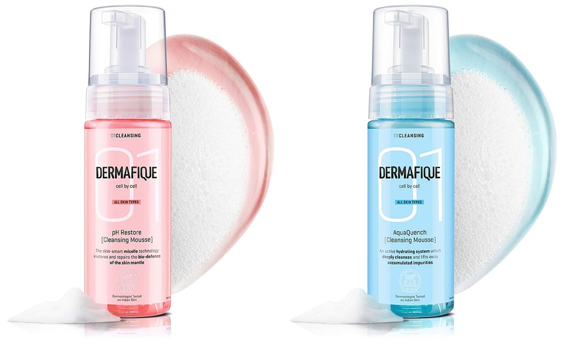 Dermafique Ph Restore Cleansing Mousse, Pink, 150ml And Dermafique Aquaquench Cleansing Mousse Facewash for Dry Skin, Dermatologist Tested, Paraben Free, Soap Free (150 ml)