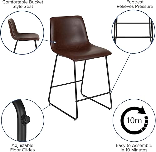 Miniatura 5 de Flash Furniture Reagan LeatherSoft Taburetes de altura de mostrador de 24 pulgadas con reposapiés, sillas de comedor modernas de estilo cubo, juego