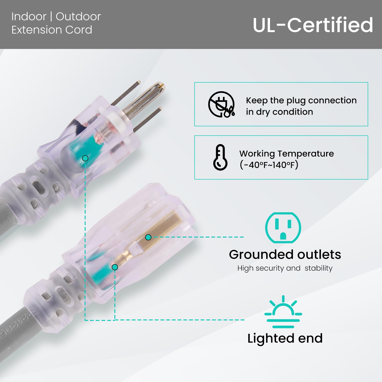 Cable de extensión para interiores y exteriores, resistente a la intemperie con extremo iluminado, certificado UL, calibre 10, 12 pies, gris 3 clavijas, cable de alimentación 10/3 SJTW 15A