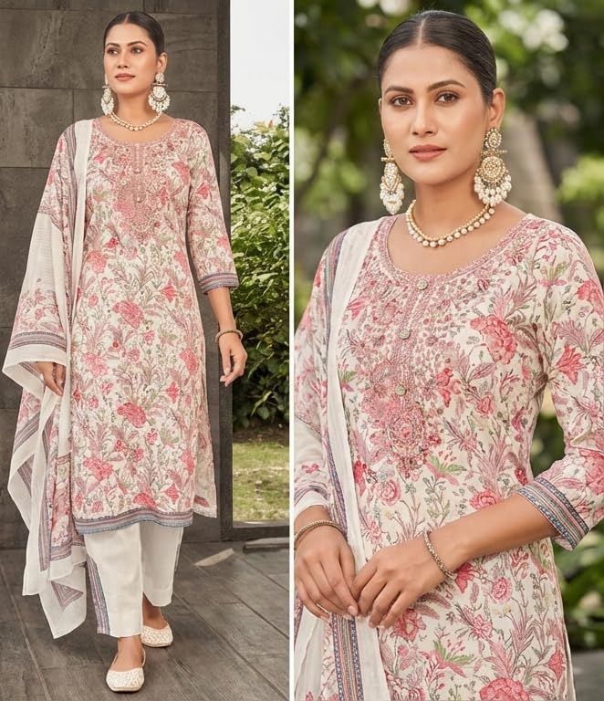 Image of Bitra Women's Cotton Satin Unstitched Salwar Suit Dress Material with Floral Print & Dupatta for Women | Salwar Kameez Fabric Set