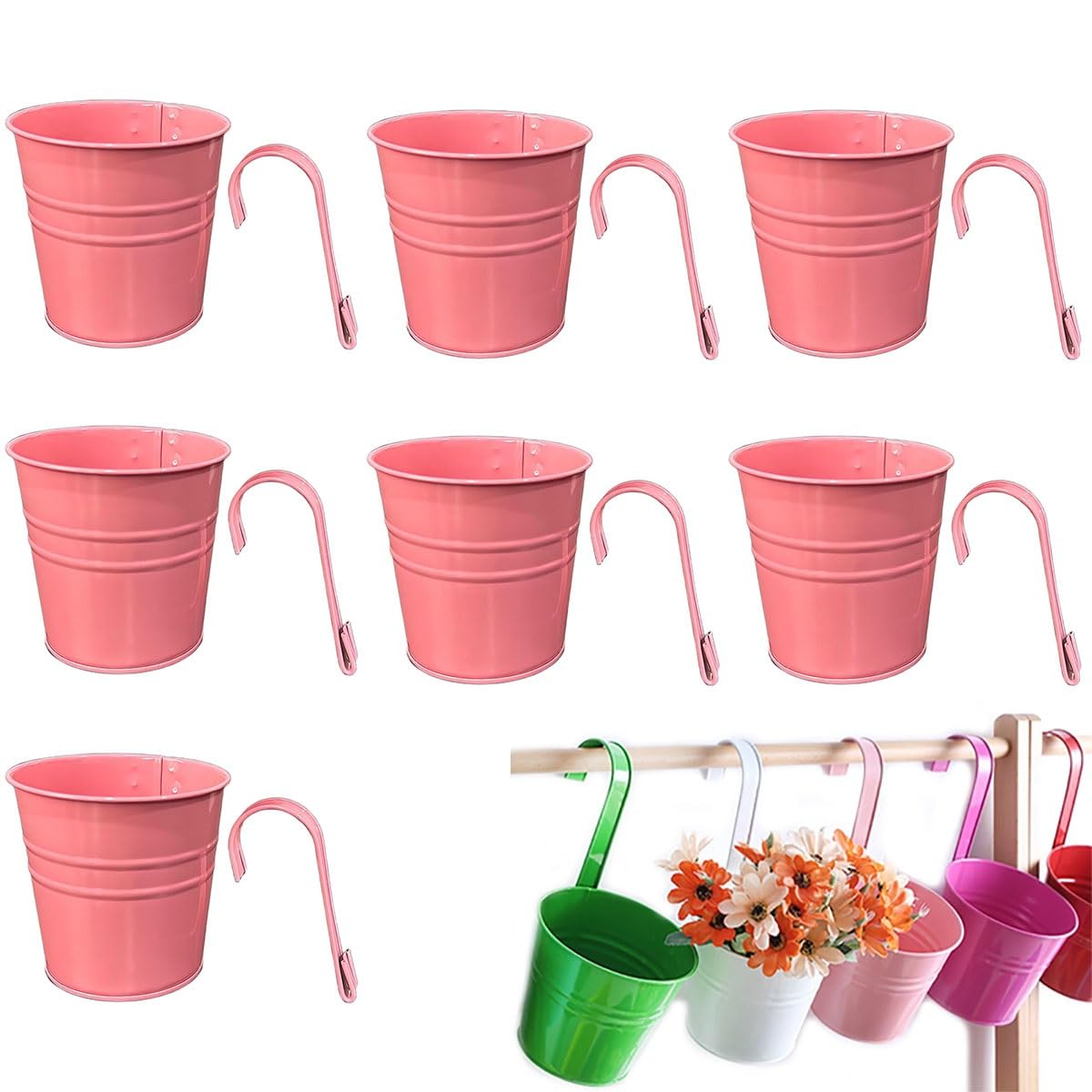 IRCKONCI 7 PCS Vintage Hanging Flower Pots Metal Iron Bucket Planter Plant Pots With Detachable Hook And Drainage Hole, for Fence Balcony Garden Wall Home Decor Outdoor Patio(Pink)