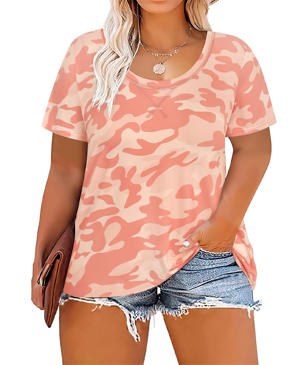 CARCOS Plus Size Tops for Women Short Sleeve Shirt Summer Star/Leopard/Tie Dye/Flower Crewneck Pullover Tunic XL-5XL