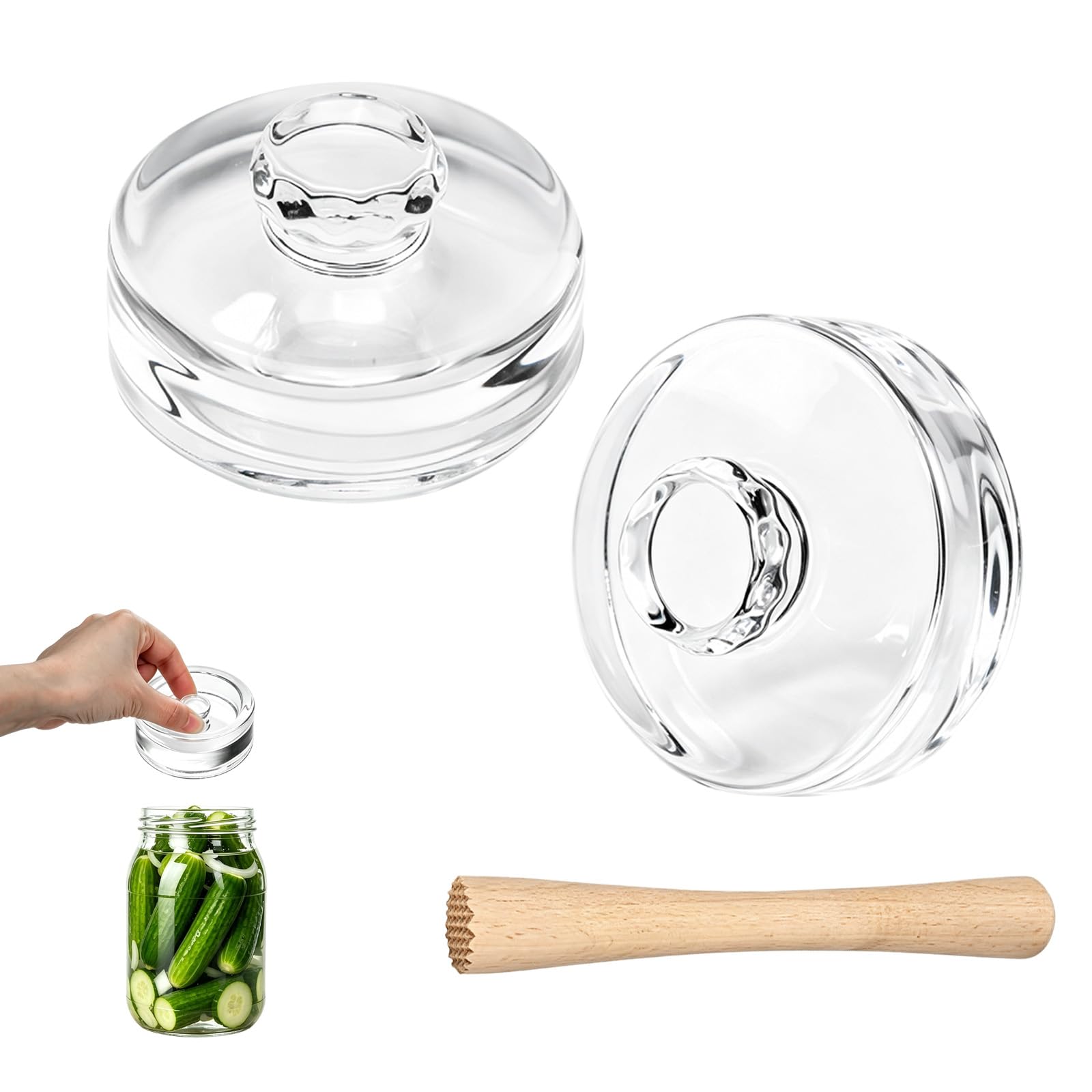 3 Pack Glass Fermentation Weights with Handle and Wooden Jar Tamper