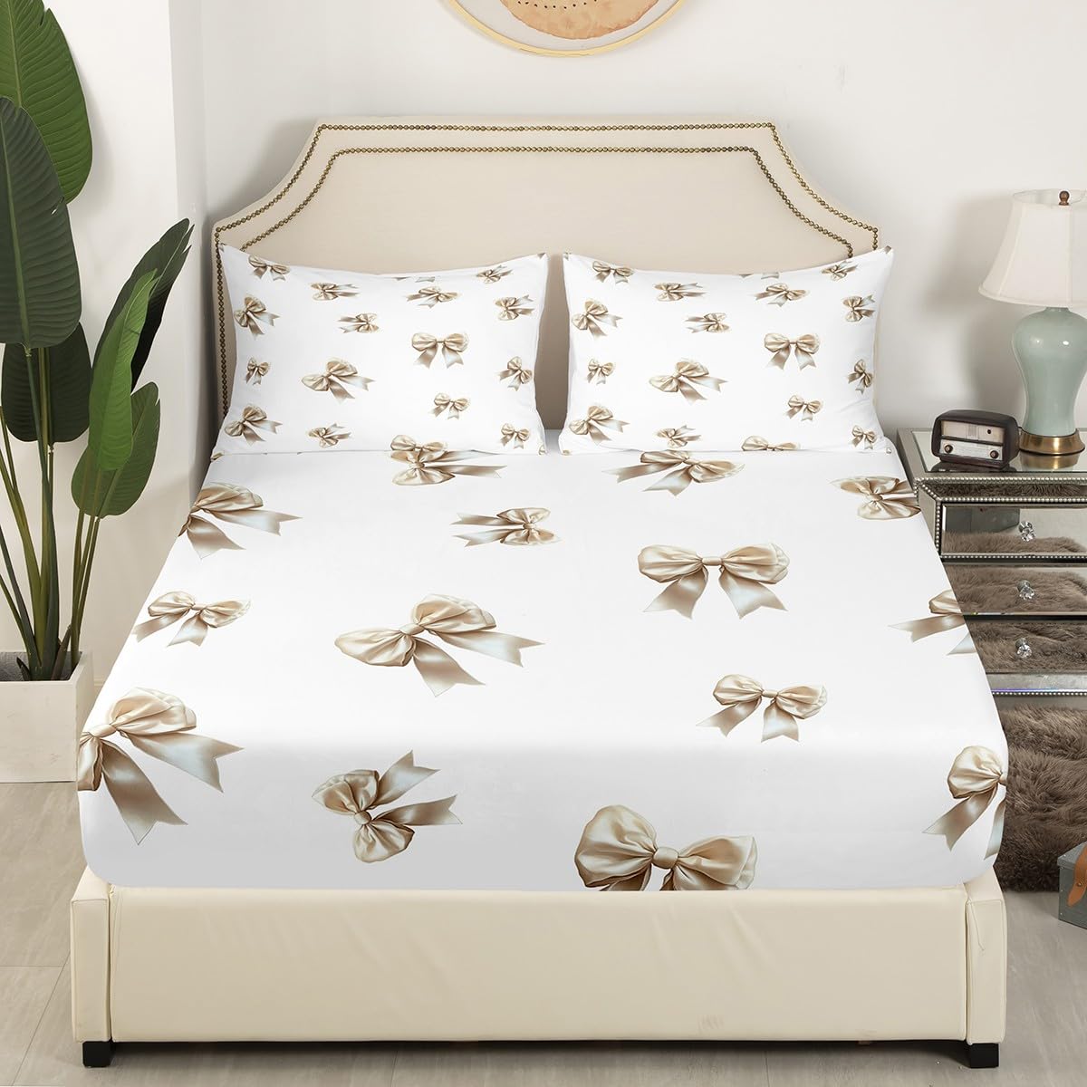jejeloiu Beige White Bow Fitted Sheet for Girls Boys Kids Twin Size Lovely Bowknot Bed Sheets Set Room Decor Cute Bedding Set 3Pcs Breathable Soft Lightweight