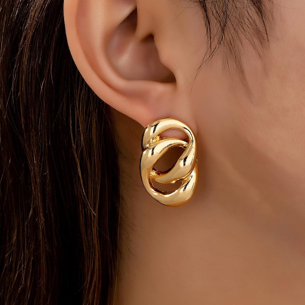 Gold Geometric Dangle Statement Earrings for Women Chunky Vintage Large Twisted Stud Drop Earrings Minimalist Metal Earrings Birthday Party Jewelry - Image 2