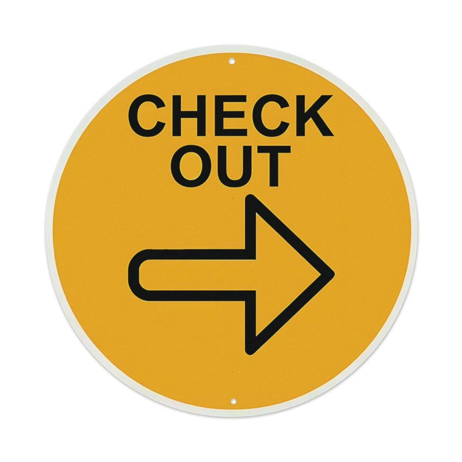Yellow Background Check Out Right Arrow Direction Round Sign Vintage Aluminium Metal Sign, Retro Wall Decor for Home, Bar, Garage & Farmhouse 20x20cm