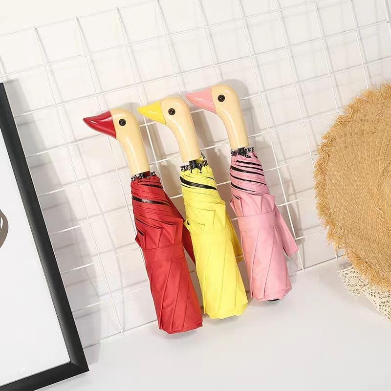 Duck Umbrella, Wooden Handle Windproof Cute Duck Head Folding Umbrella, Lightweight and Compact
