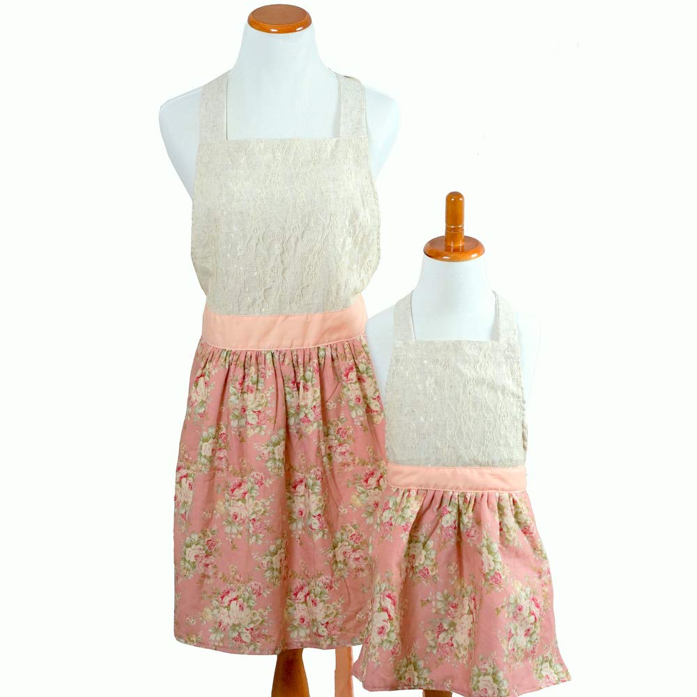 Bumblebee Linens Mommy Daughter Matching Pink Lace Hostess Kitchen Cloth Apron Set Woman Toddler Girl