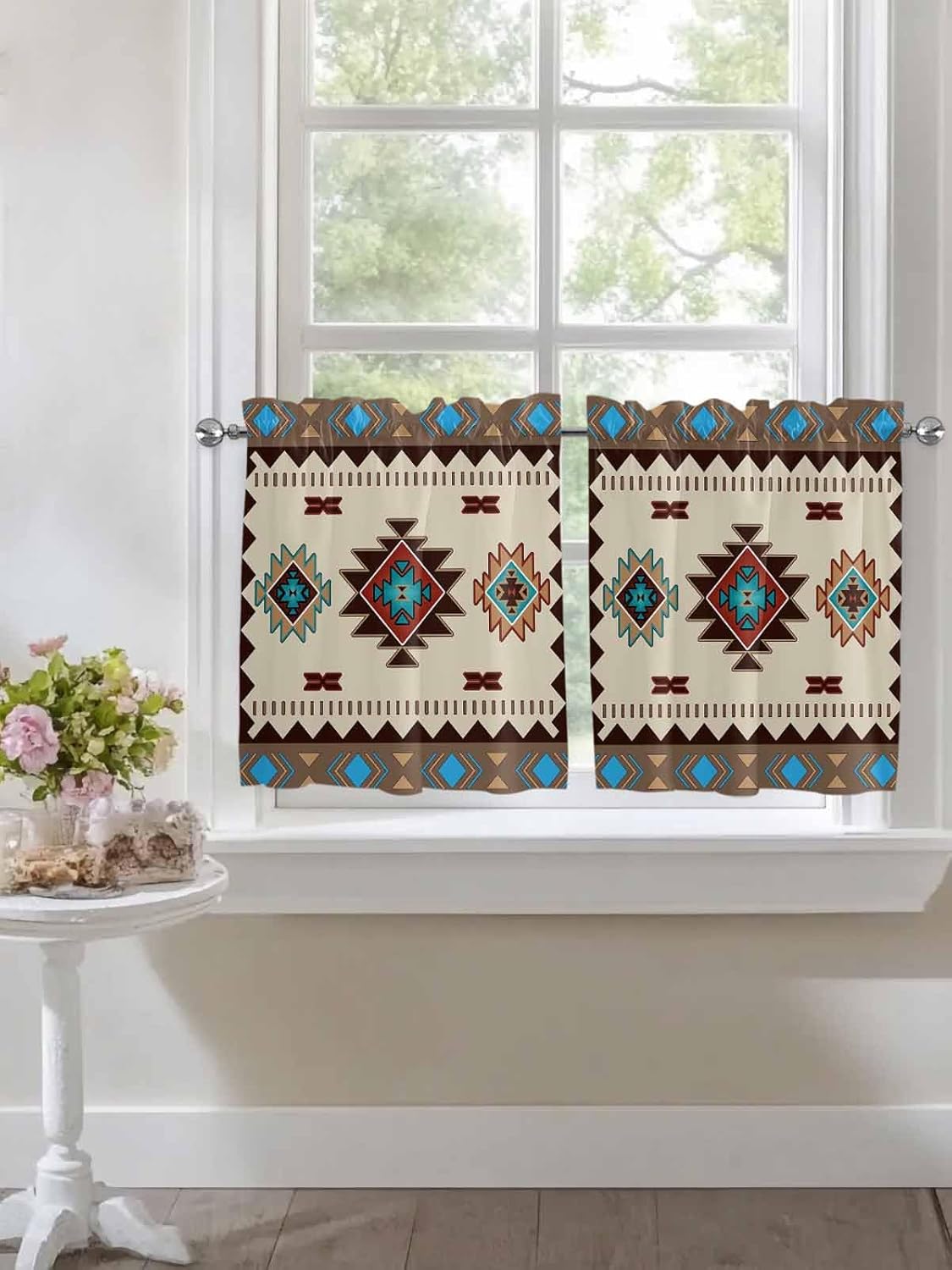Southwestern America Tier Curtains 24 Inches Long, Ethnic Tribal Geometric Ethnic Vintage Rod Pocket Window Curtains Panels for Bedroom, Small Short Half Curtains Drapes for Cafe 55''x24''