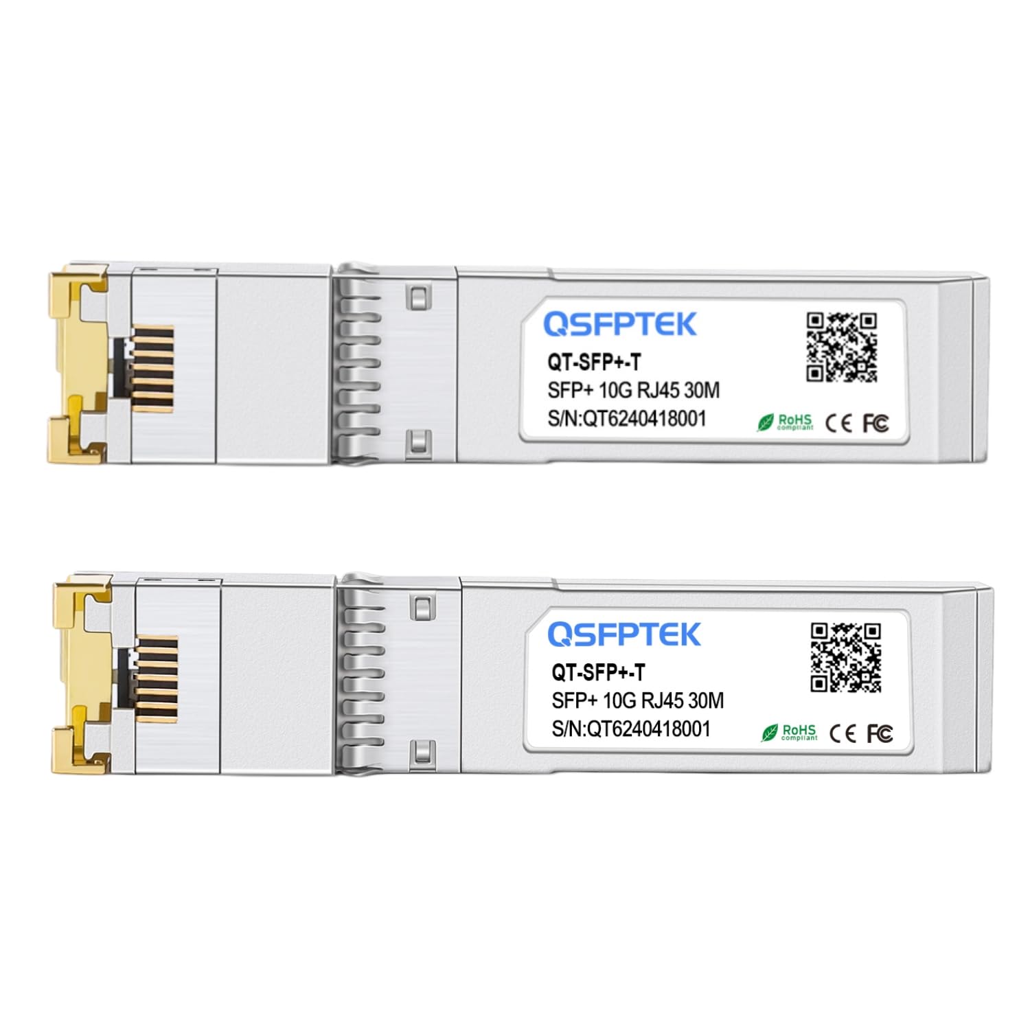 QSFPTEK 2Pack 10GBase-T RJ45 SFP+ Transceiver 30m 1.25/2.5/5/10G-T Modulo per Cisco SFP-10G-T-S, Ubiquiti UF-RJ45-10G, Mikrotik, Supermicro