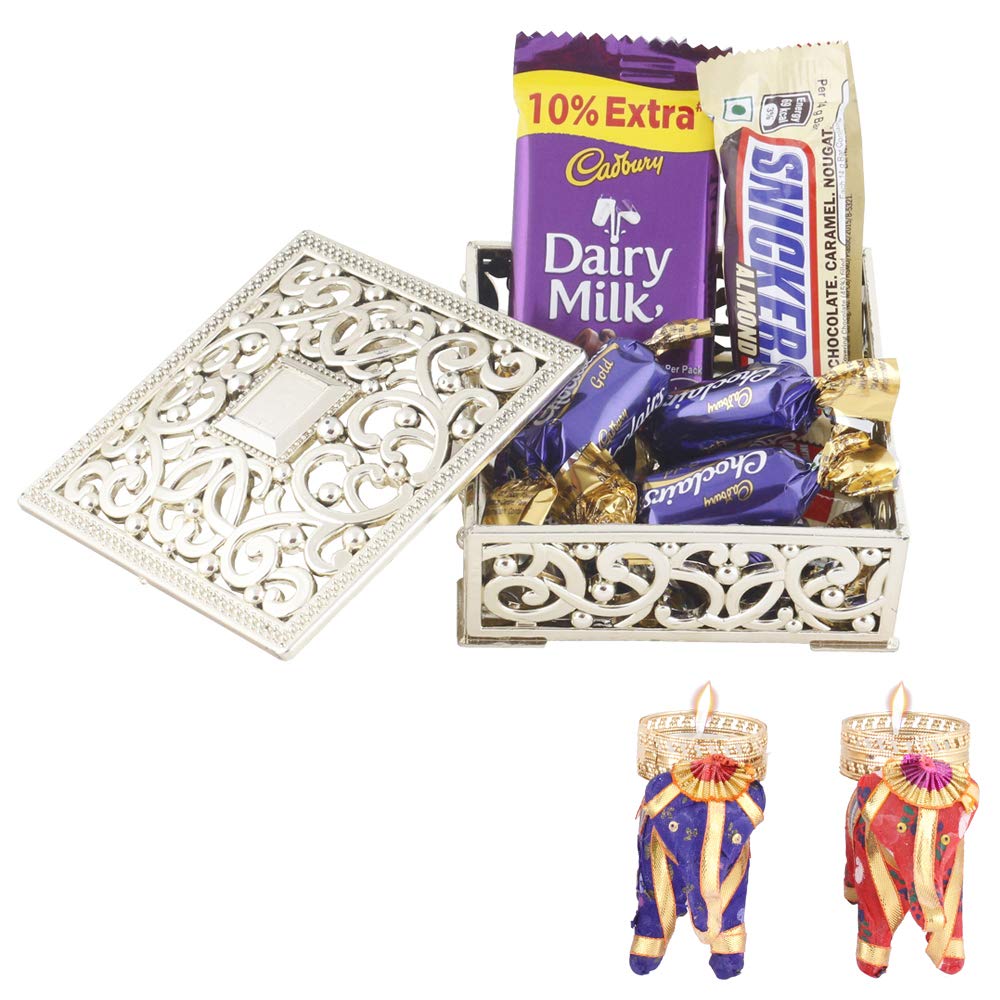 Astonished Retail Dairy Milk and Snickers Chocolate Hamper | Premium Diwali Chocolate Hamper | Diwali Chooclate Gift with Elephant Design Diya Set of 2 | 211