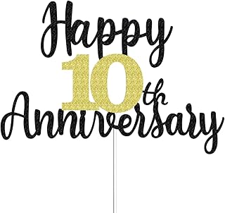 Happy 10th Anniversary Cake Toppers Glitter, Cheers To 10 Years Old Party Decorations 10 Year Anniversary Cake Decor, Ten Theme Cake Decorations For Wedding Birthday Company Anniversary(Black Gold)