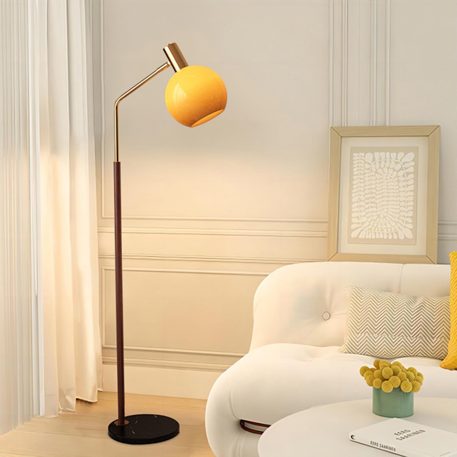 MIXL-Walnut Wood Finish Floor Lamp with Orange Shade,Dimmable Led Glass Standing Lamp,Farmhouse Style Floor Reading Lamps for Living Room Bedroom and Office