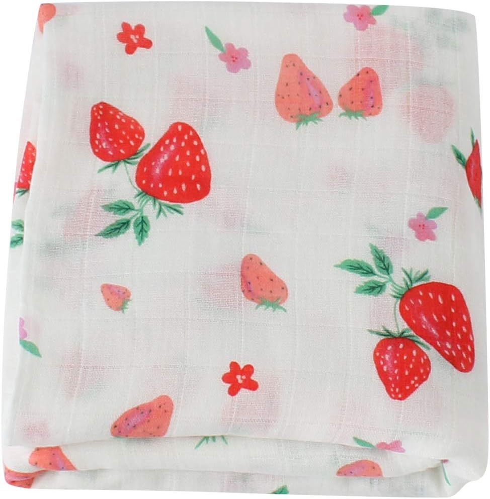 LifeTree Baby Muslin Swaddle Blanket - Large 47"x 47" Receiving Blanket for Baby Girls - Soft Bamboo Cotton Burp Cloth & Stroller Cover (Strawberry Print)