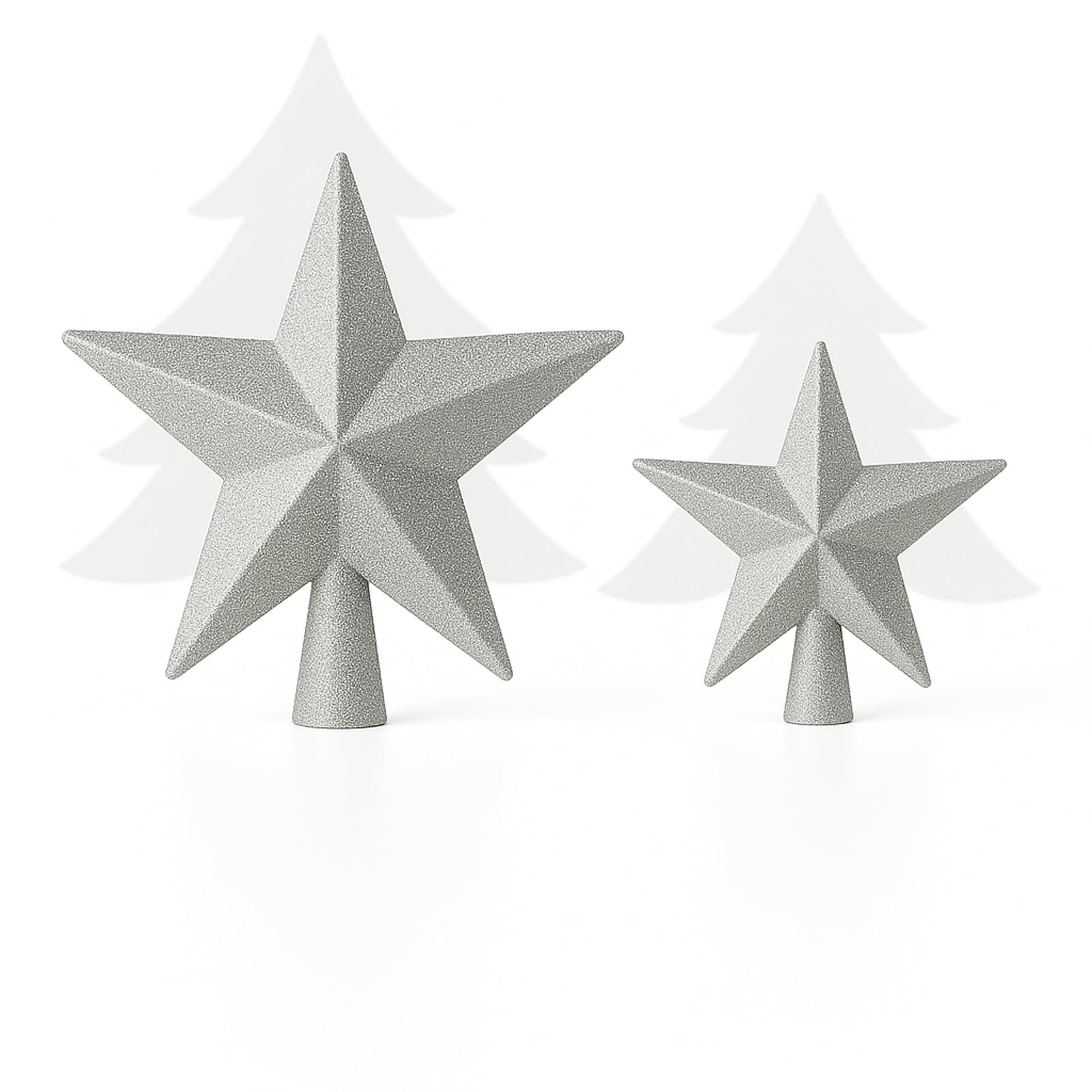 AMLOOPH Christmas Tree Topper, 2 Pack Glitter Silver Christmas Tree Star Decorations - 15cm & 10cm Sparkle Xmas Star Tree Topper for Traditional Silver Christmas Decorations