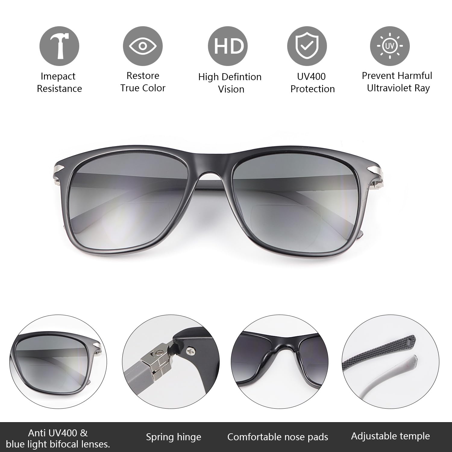 LJIMI Polarized Bifocal Reading Sunglasses for Men Women Blue Light Blocking Glasses Black Lens UV Protection Outdoor Sun Readers Lightweight Driving Eyeglasses Tinted Shades Anti Glare Eyewear 2.0 - Image 2