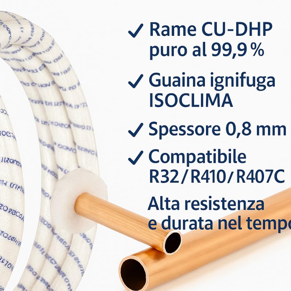 Kit de tubos de cobre para climatizador de 10 + 10 metros, 1/4" + 3/8", grosor de 0,8 mm, aislados, funda ignífuga, certificados EN 12735-1, para aire acondicionado Split R32, R410A, R407C, sin