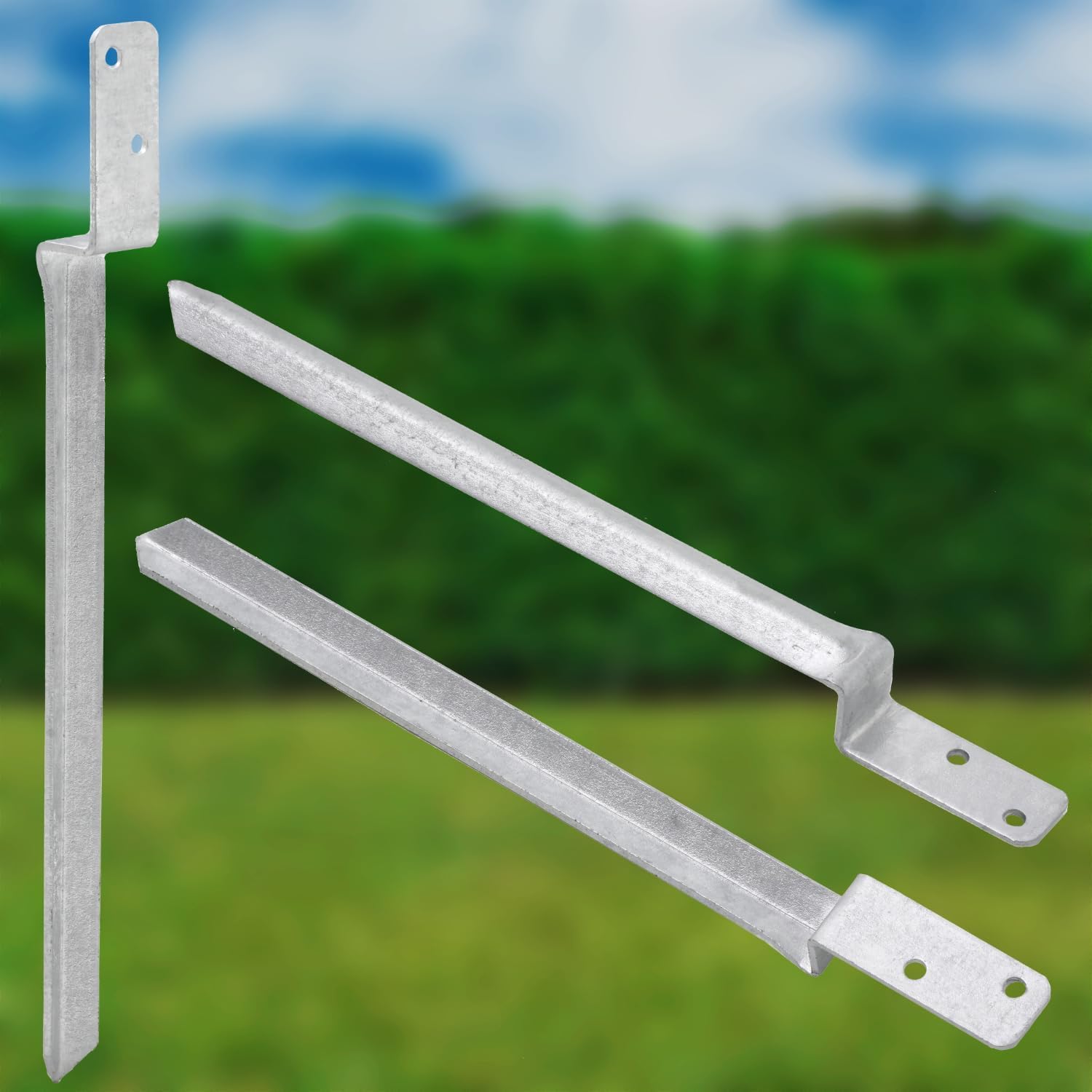 TRIBECCO Douille de sol à enfoncer en forme de L pour poteaux en bois carrés. Dimensions : 40 x 530 mm. Support de poteau en L à enfoncer dans le sol. Chaussure de support universelle en L en acier