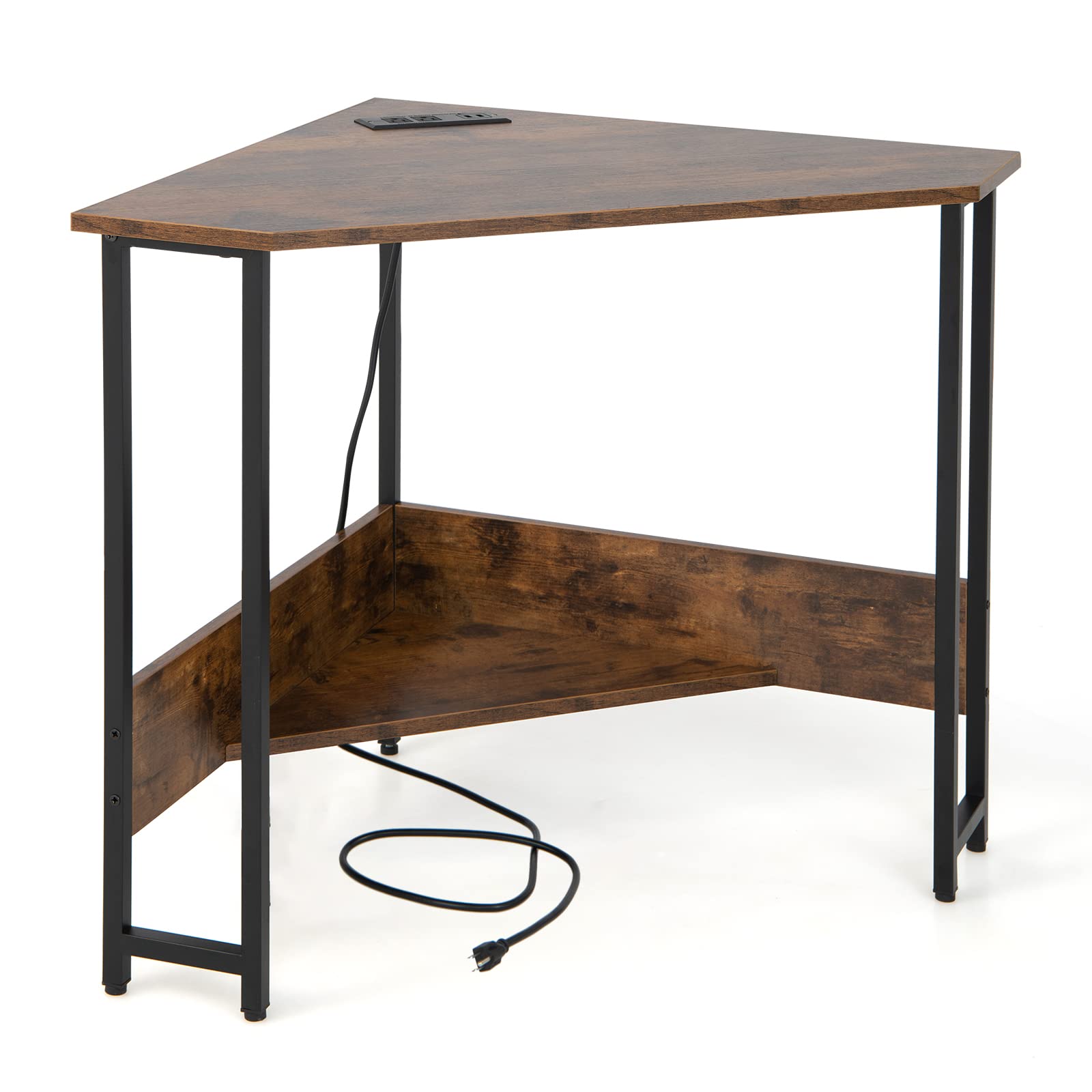 HOMGX Triangle Corner Computer Desk for Small Space, Rustic Brown, Modern Style, Space Saving, USB Ports & Power Outlet, Sturdy & Durable Construction, 28.5" x 30"