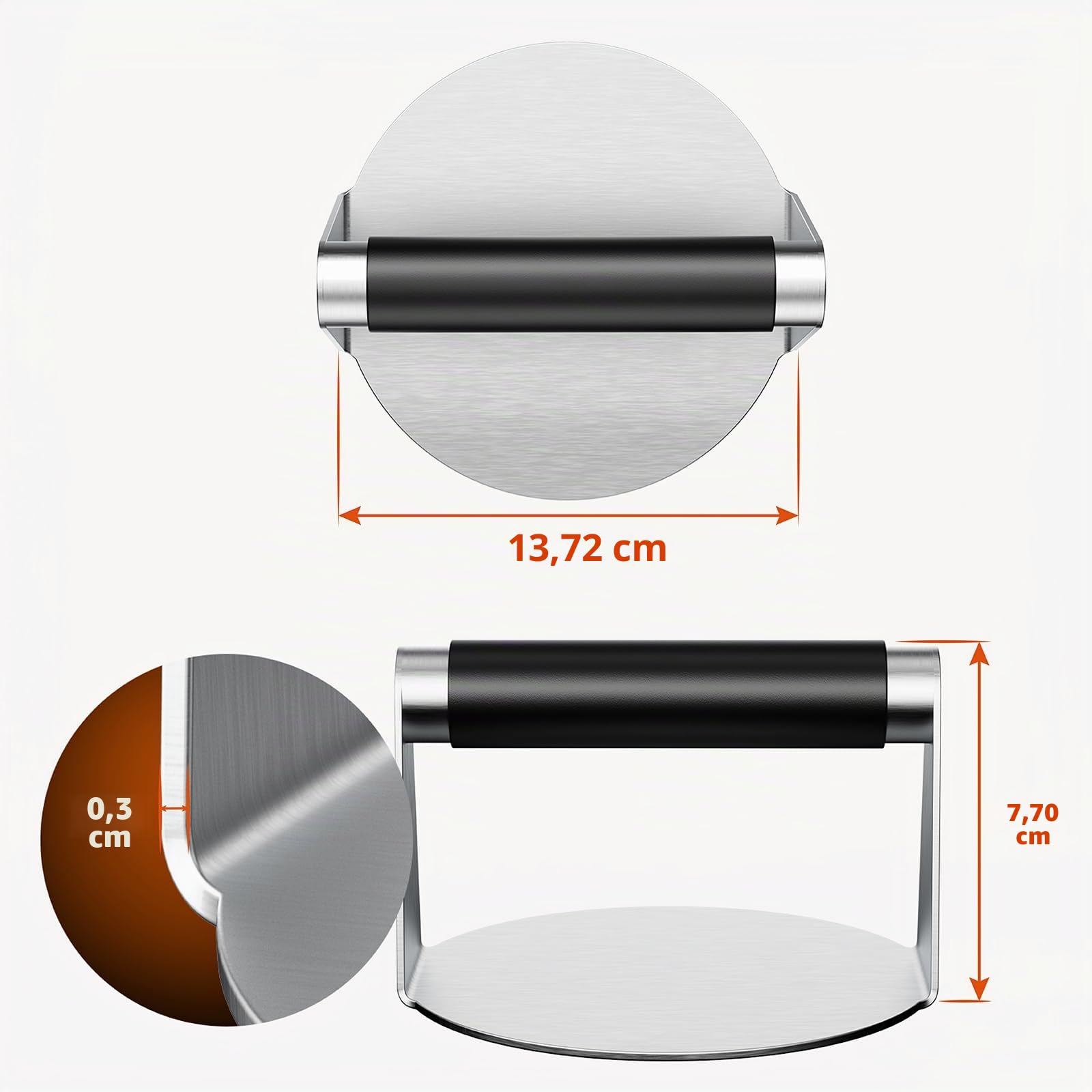 Pisol Smash Burger Presse, Hamburger Smasher Werkzeug für die Grillplatte, Edelstahl Hamburgerpresse mit Anti-Verbrühungsgriff, 14 cm Antihaft Grillpresse für Smashburger, Speck, Hackfleisch, Fleisch