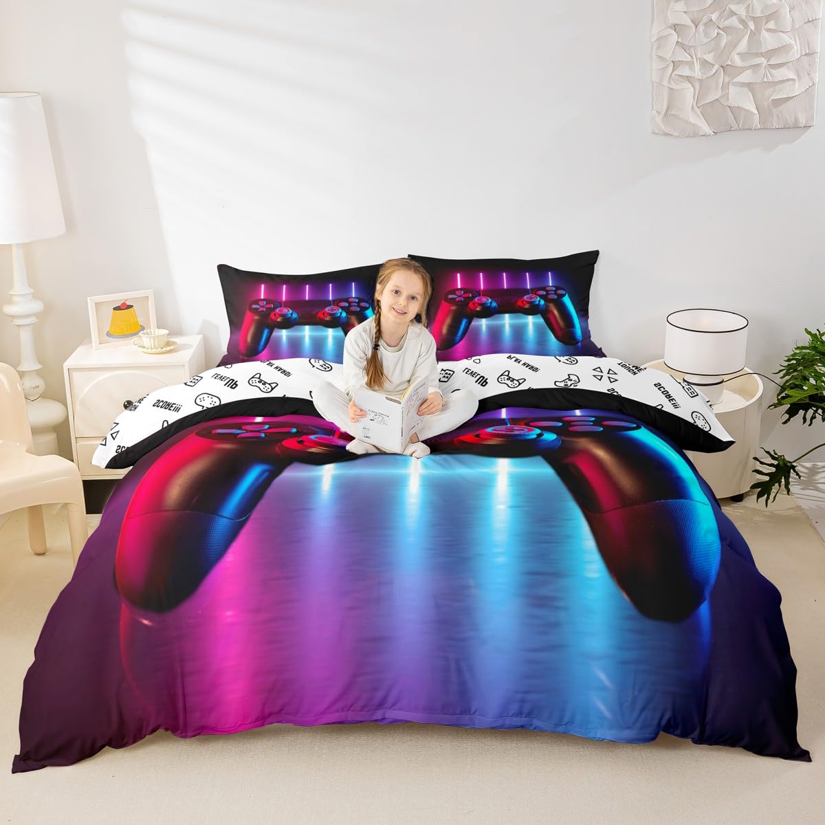 Homemissing Gamer Bedding Set Console Video Game Duvet Cover Set for Kids Boys Teens Gradient Neon Comforter Cover Gamer Controller Quilt Cover 2Pcs Single Size,Zipper - Image 4
