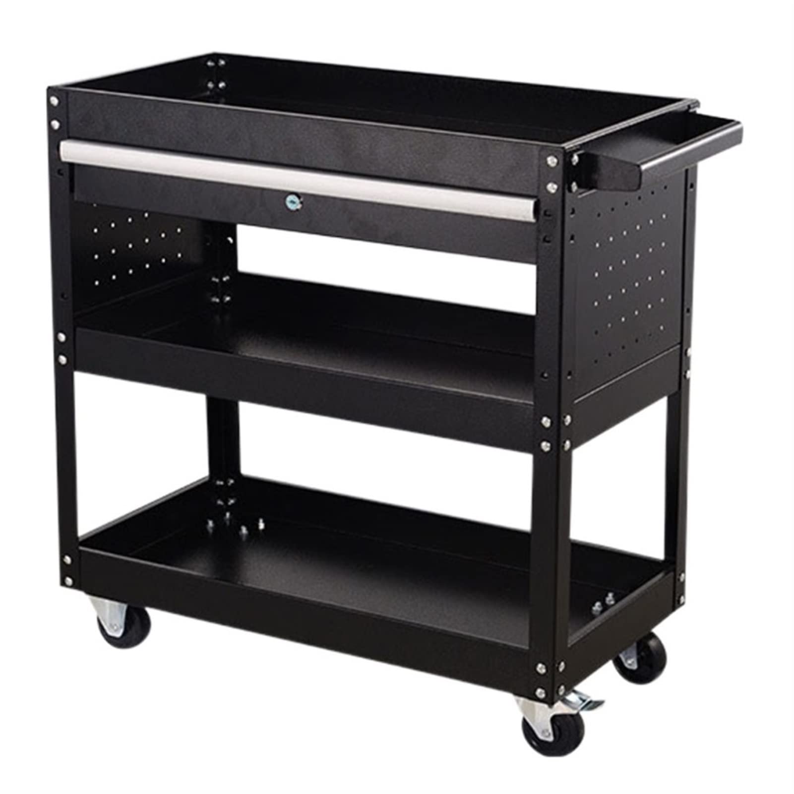sdneNest Tool Trolley with Silent Wheels Workshop Stand Cabinet Garage Workbench Adjustable Shelf Free Hooks 3 Layers with Drawer Black