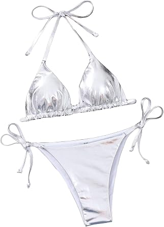 Womens Metallic Shiny Bathing Suit High Waisted Triangle Tie Side Swimsuit Bikini Set
