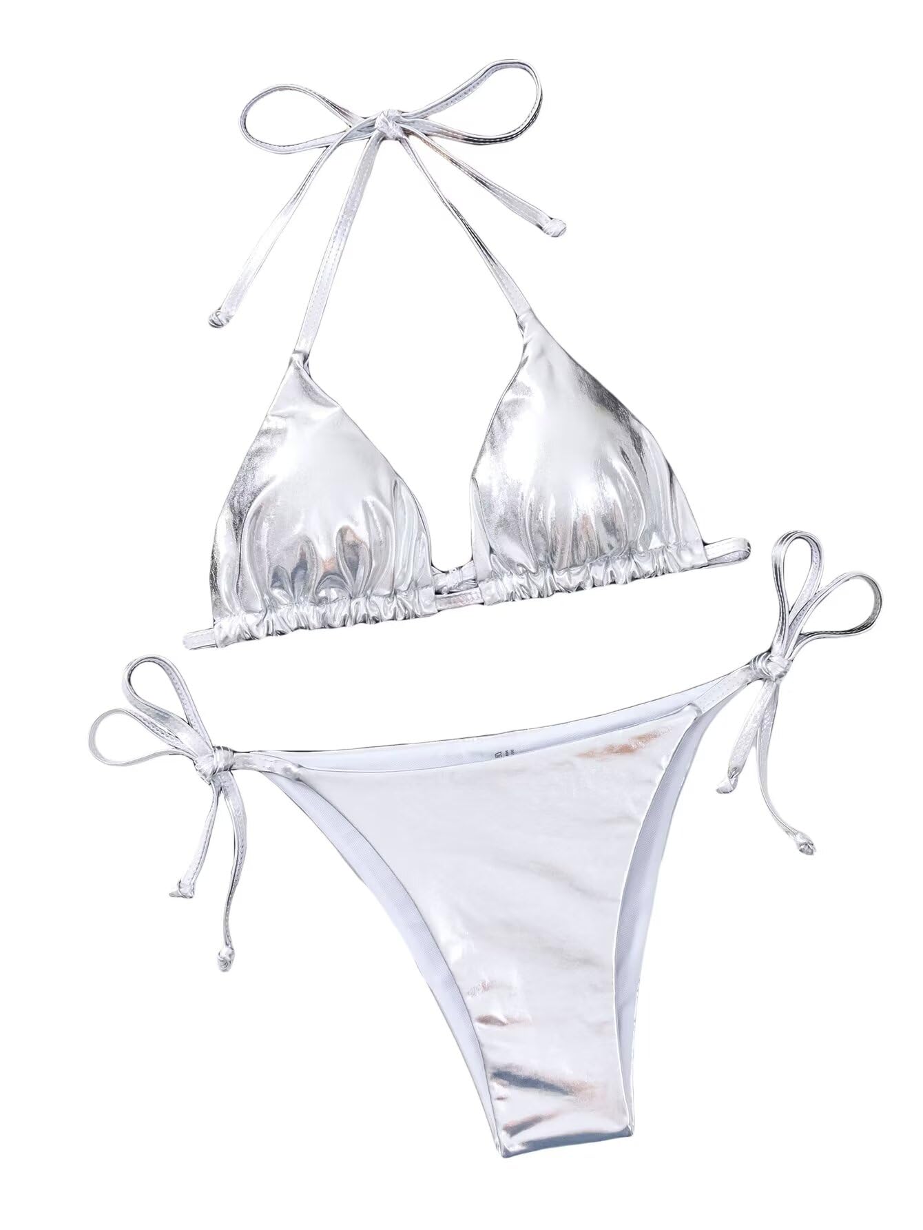 FalaineteeWomen's Metallic Shiny Bathing Suit High Waisted Triangle Tie Side Swimsuit Bikini Set