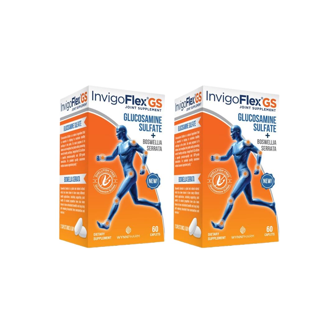 INVIGOFLEX Glucosamine Sulfate (Shellfish Free, Sodium Free & Vegetarian Safe) Non GMO, Gluten Free - with Boswellia Serrata - Premium Joint Supplement GS - 2 Pack 60 Count (Pack of 2)