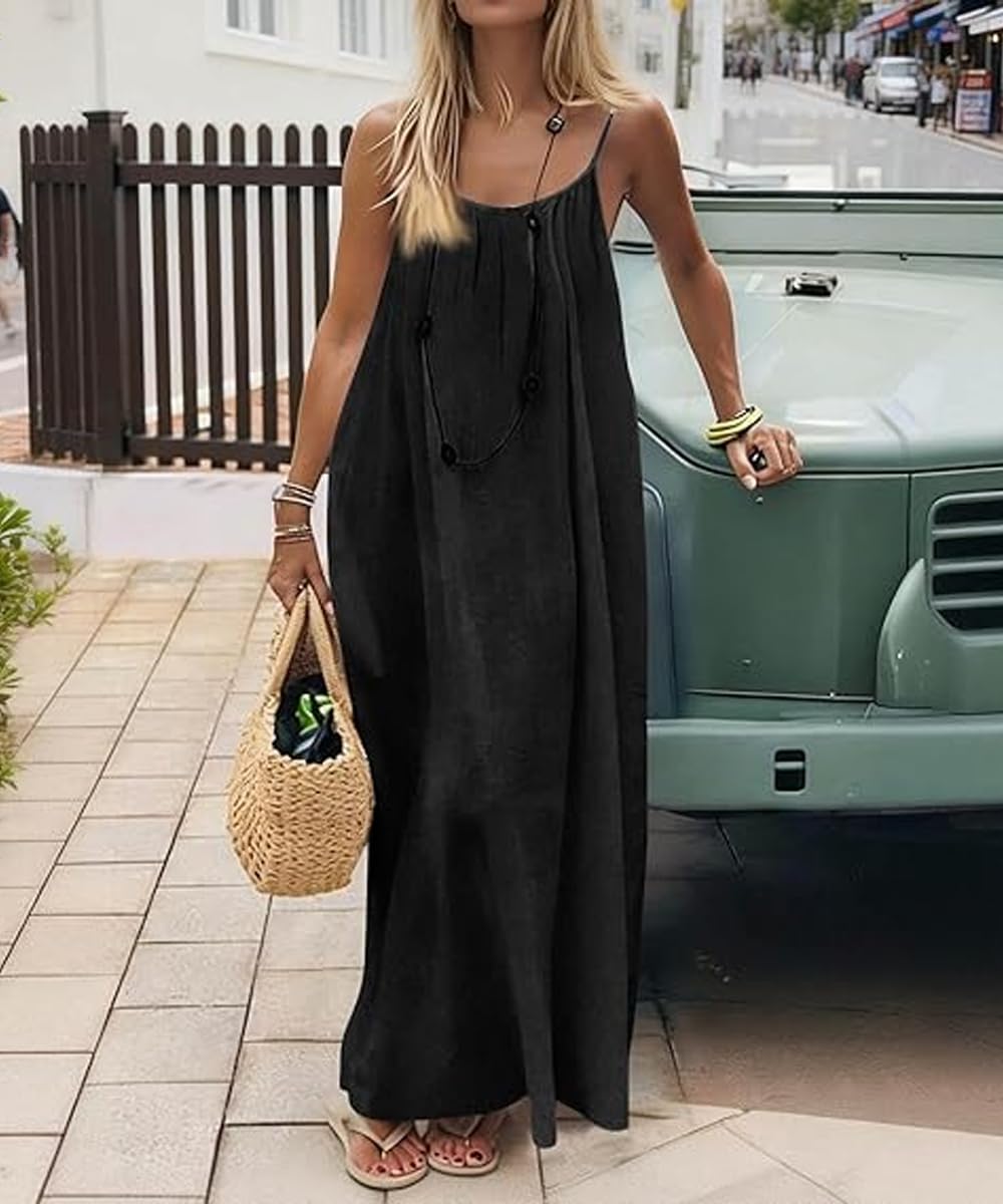 ABINGOO Vestito Estivo Donna Lungo Lino Abito Casual Tinta Unita Senza Maniche Loose Maxi Abiti Senza Schienale con Cordino