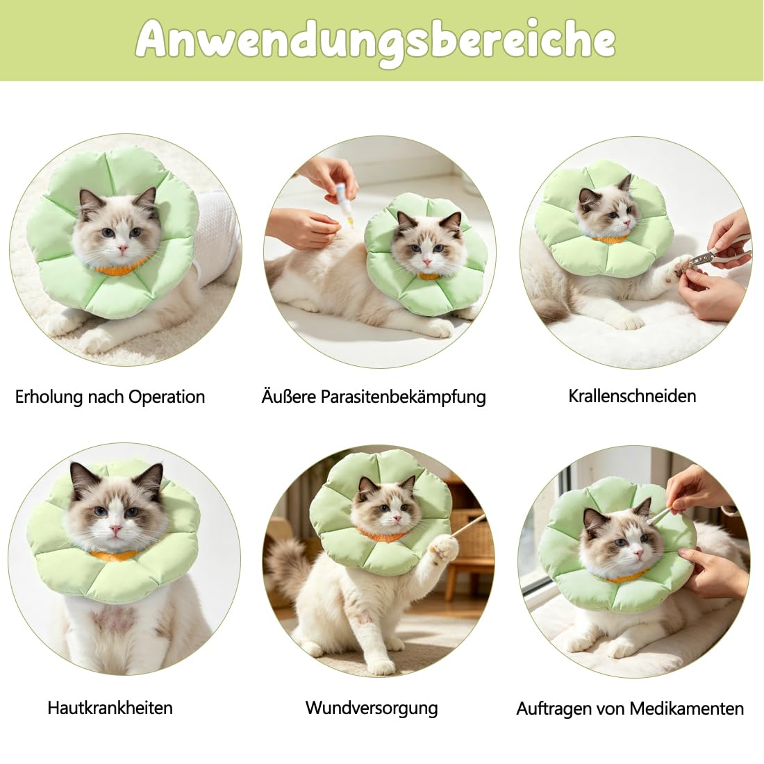 Halskrause Katze Größen M, großer Durchmesser Katzenkragen, Einstellbarer Leckschutz Katze, Weich Halskragen für Katzen Kleiner Hunde Nach Operation, Elisabethanischer Kragen, Grün