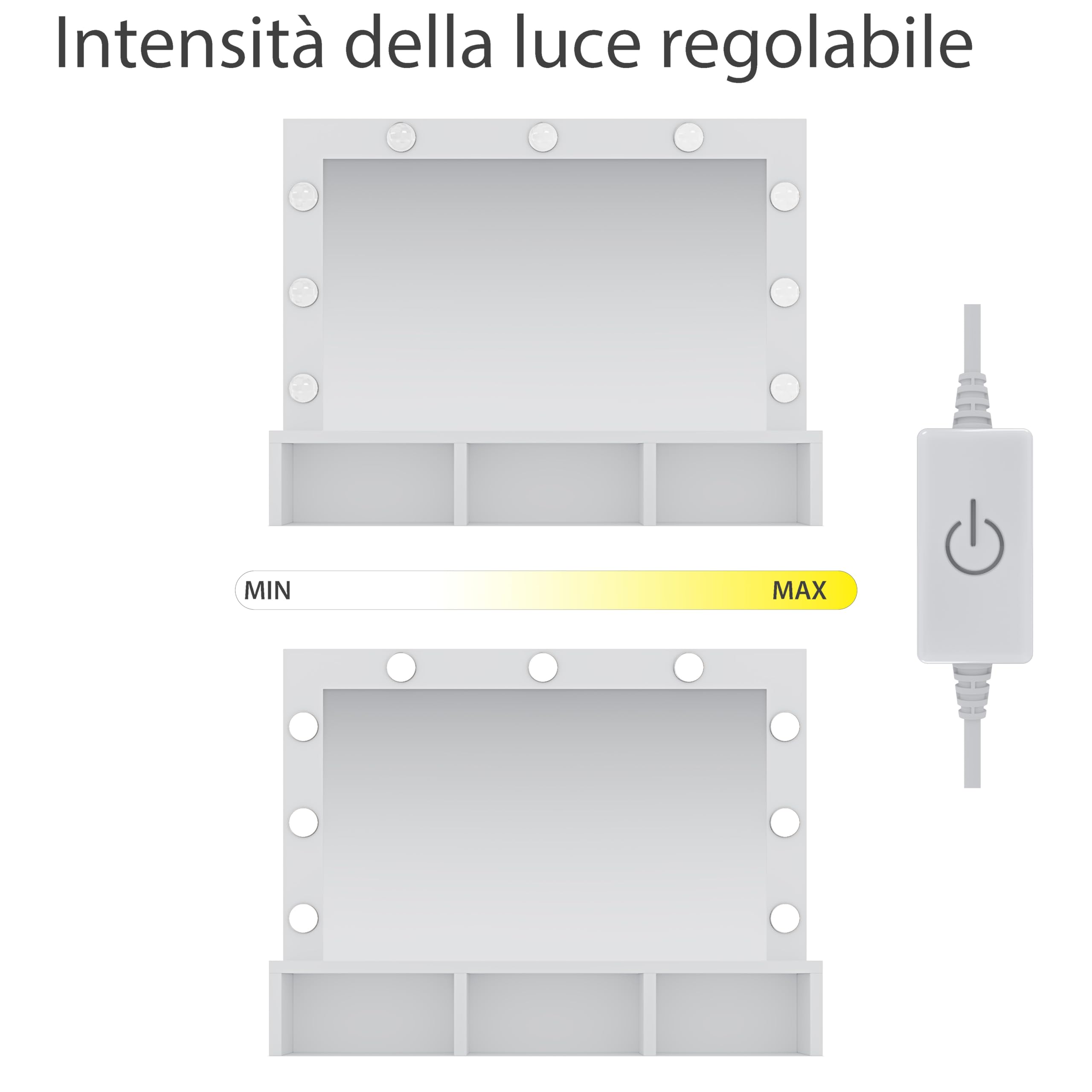 Toeletta Tavolino Da Trucco Tavolo Con 9 Luci LED Con Luminosità Regolabile 2 Cassetti 3 Scomparti A Giorno Specchio Orizzontale Postazione Make Up In Legno Design Moderno 40 x 80 x 140 Cm Bianco