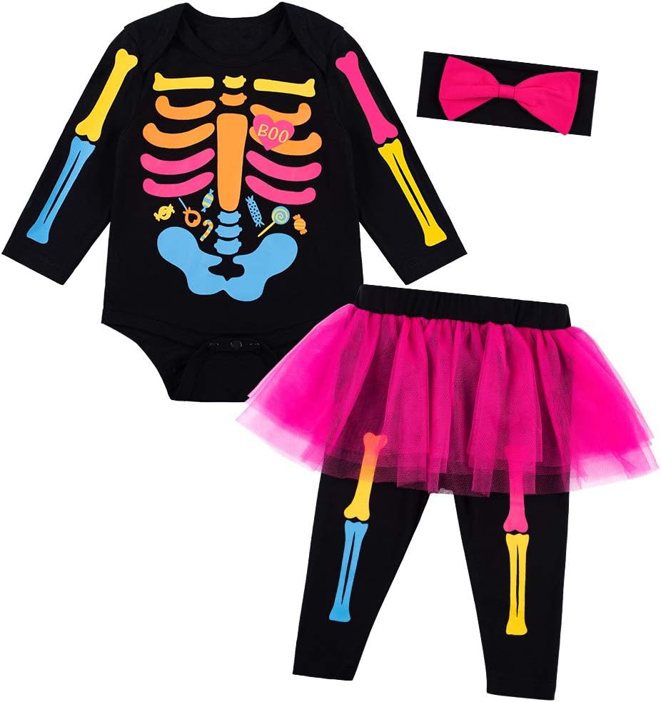 Baby Girls Newborn Skeleton Halloween Costume Outfit Funny Long Sleeve Skull Tulle Skirt Romper Set