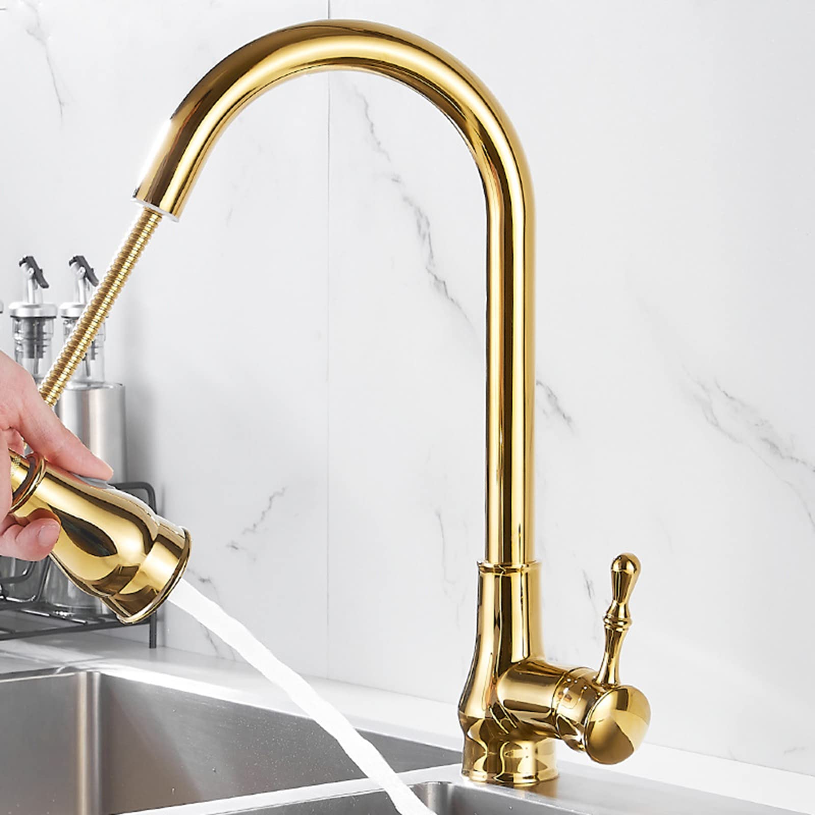 Mitigeur de cuisine en laiton or avec douchette extractible haut de gamme