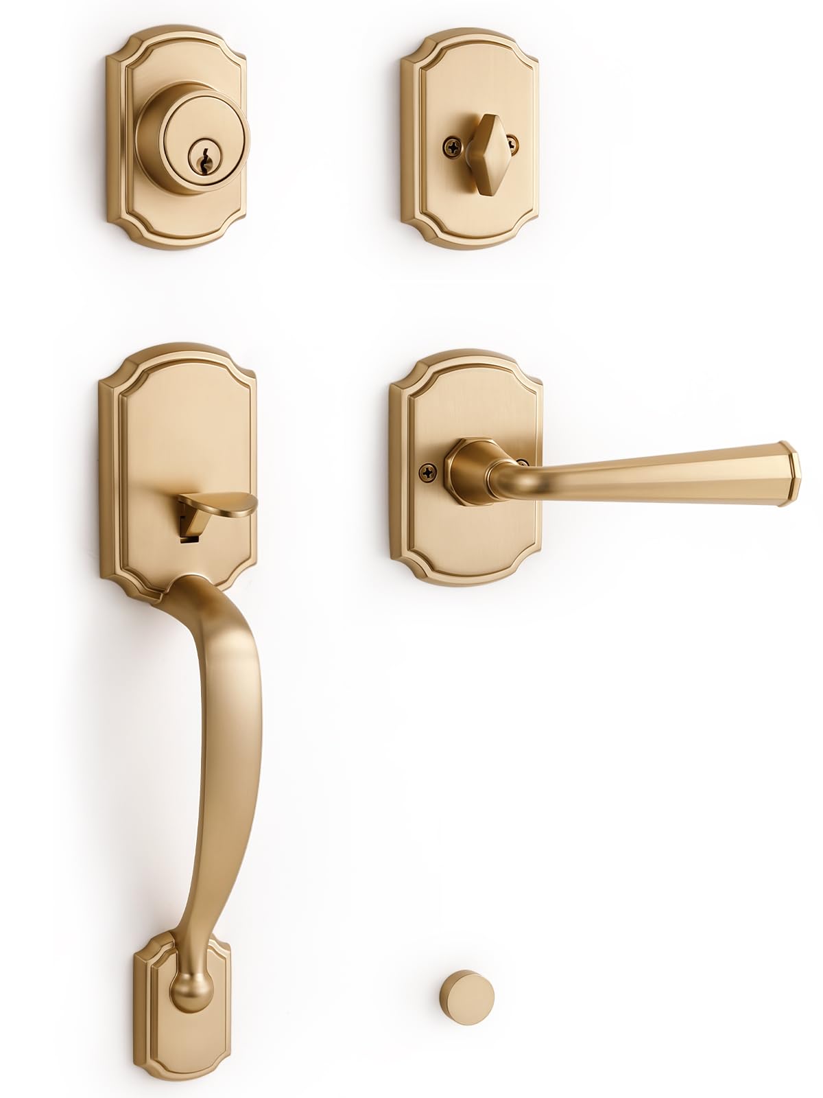 1 Pack Champagne Bronze Front Door Handle and Deadbolt Set Reversible Lever Entry Lock Handleset with Key Single Cylinder-image-1